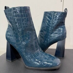 Circus Sam Edelman Croc Embossed Ankle Boots Blue Block Heel Womens 7.5 Pascha 2